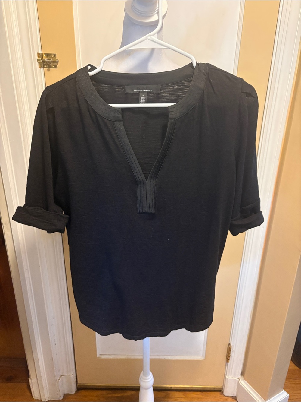White House Black Market Black Short-Sleeve V-Notch Henley Top